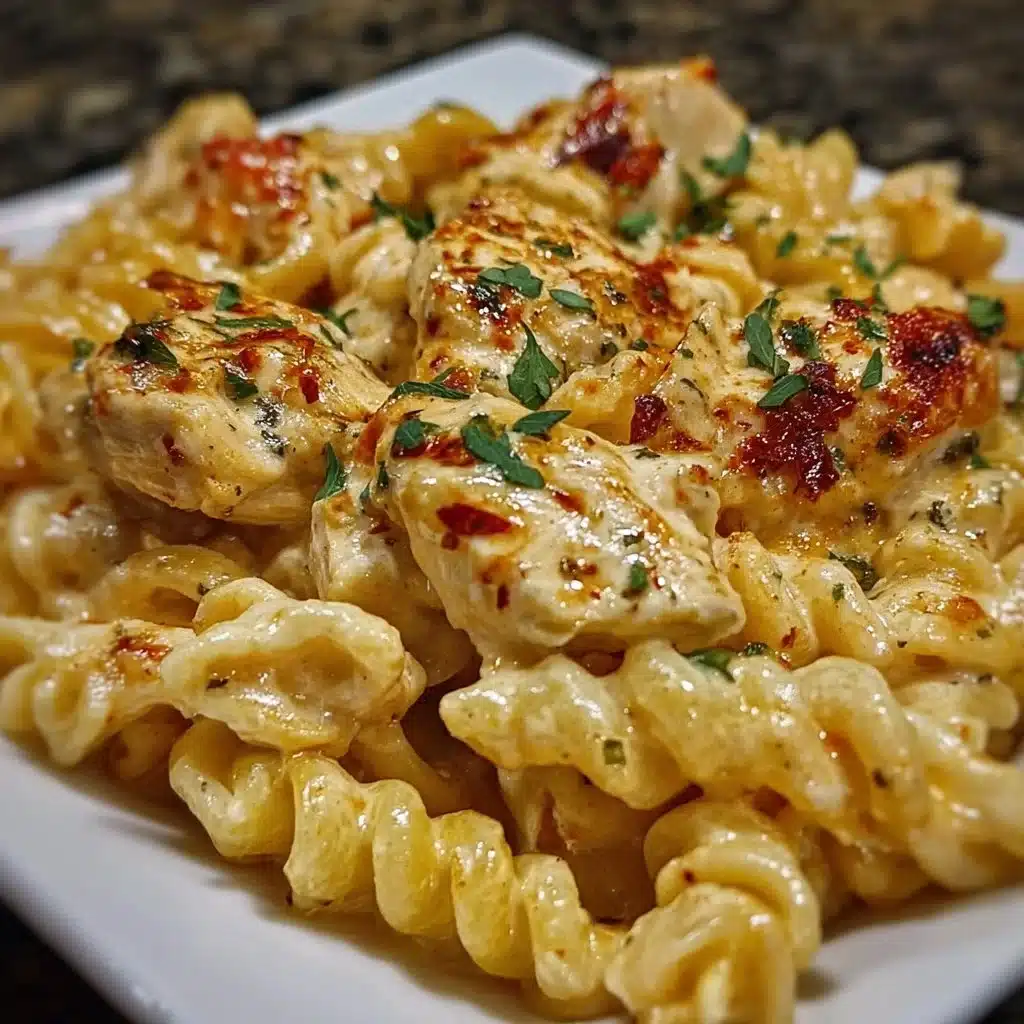 Cajun Cream Cheese Chicken Pasta Bake served in a dish