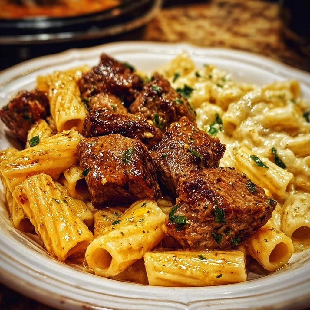 Delicious Cajun Steak Tips served with cheesy rigatoni pasta