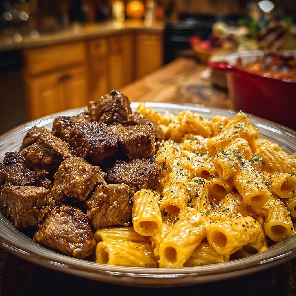 Cajun Steak Tips with Cheesy Rigatoni