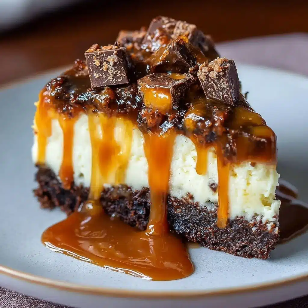 Delicious Caramel Brownie Cheesecake topped with rich caramel sauce.