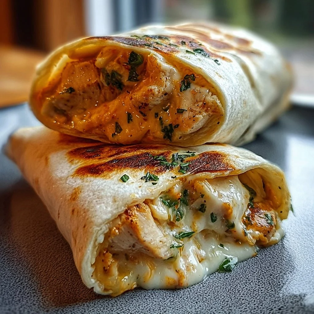 Cheesy chicken garlic wraps filled with melted cheese and tender chicken