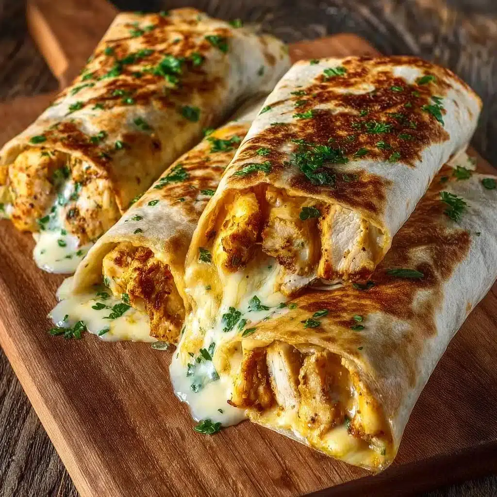 Cheesy Garlic Chicken Wraps with fresh ingredients wrapped in a tortilla