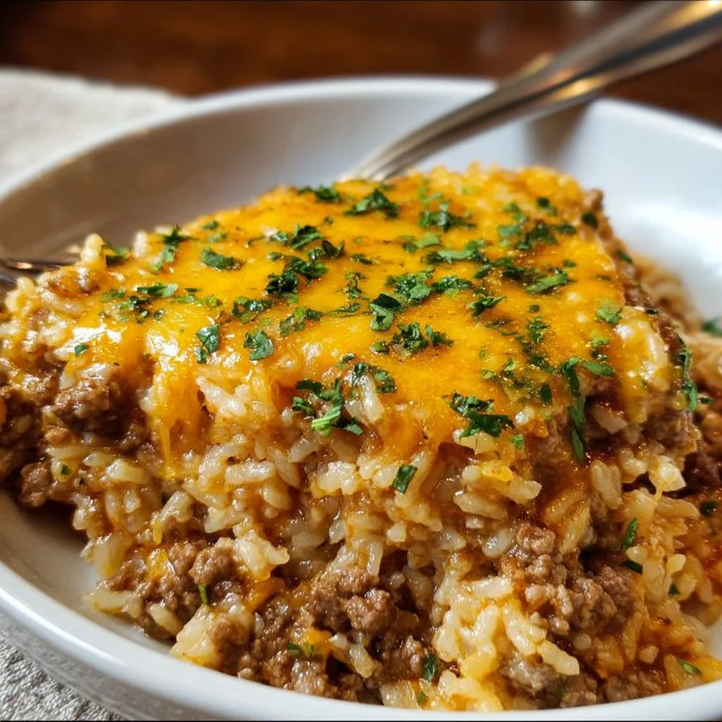 Cheesy Ground Beef and Rice Casserole baked in a dish with melted cheese on top