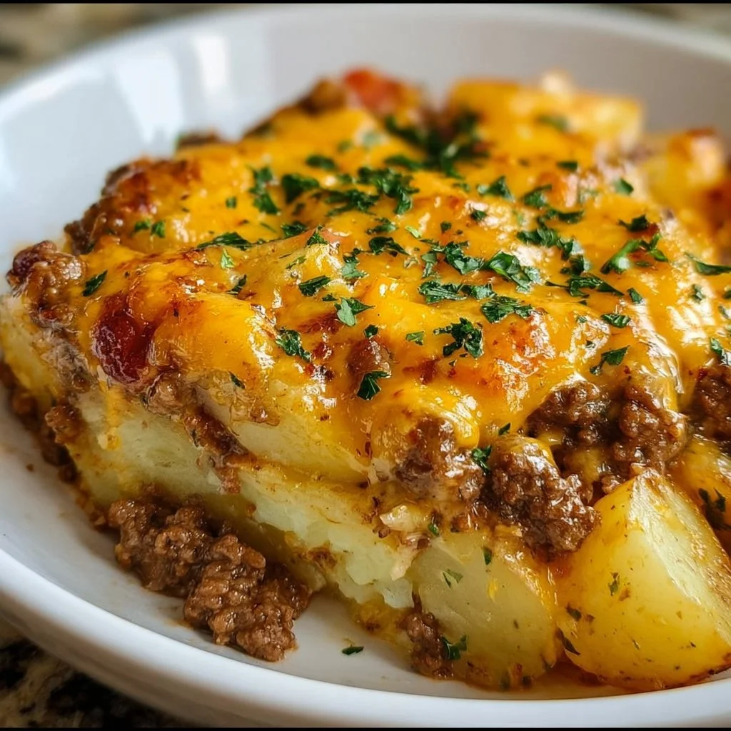 Cheesy ground beef and potato casserole dish served hot