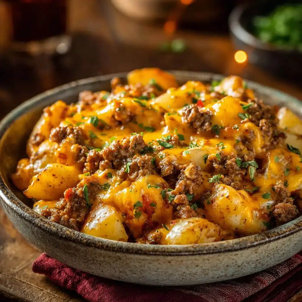 Cheesy ground beef and potato casserole served in a baking dish