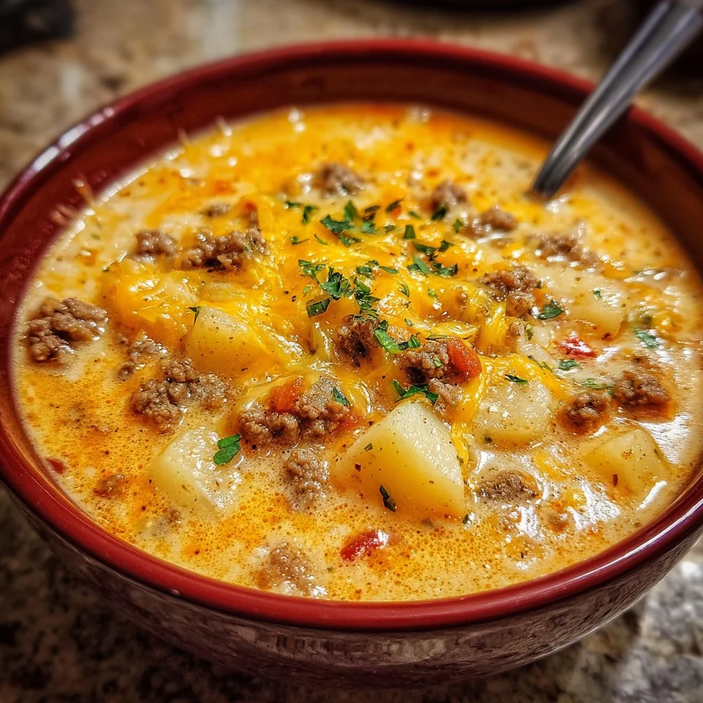 A bowl of cheesy hamburger potato soup garnished with herbs and cheese