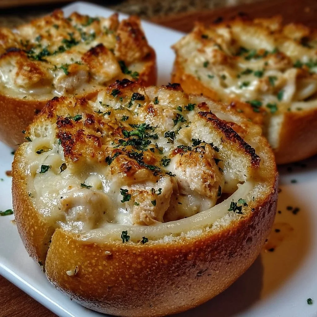 Chicken Alfredo Garlic Bread Bowls