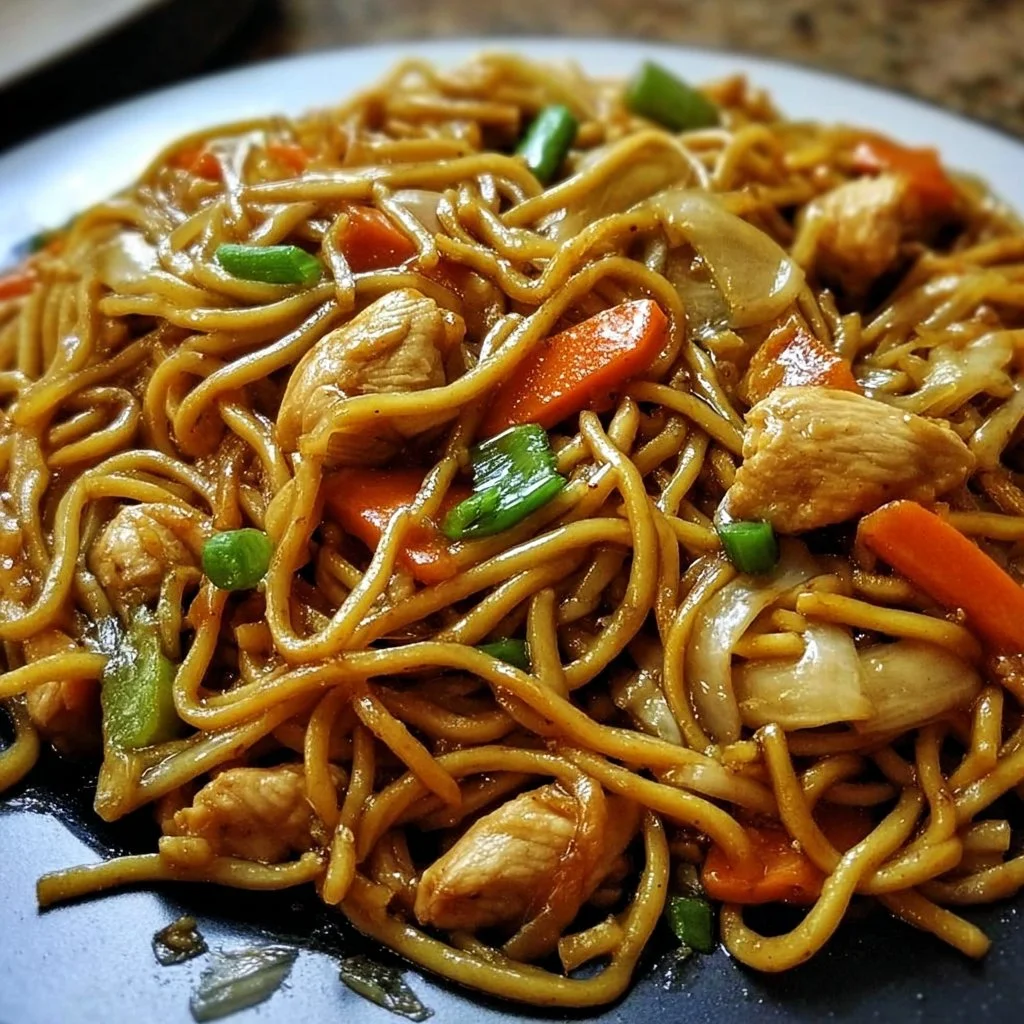 Delicious Chicken Lo Mein dish with fresh vegetables and noodles