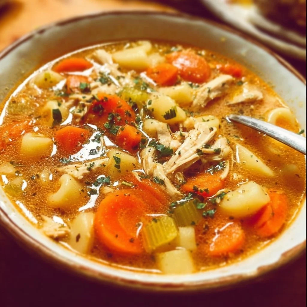 Chicken Soup 3 A bowl of homemade chicken soup with vegetables and herbs