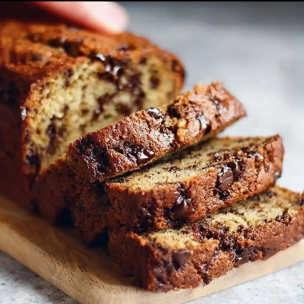 Chocolate Chip Banana Bread 3 Slice of chocolate chip banana bread on a wooden platter