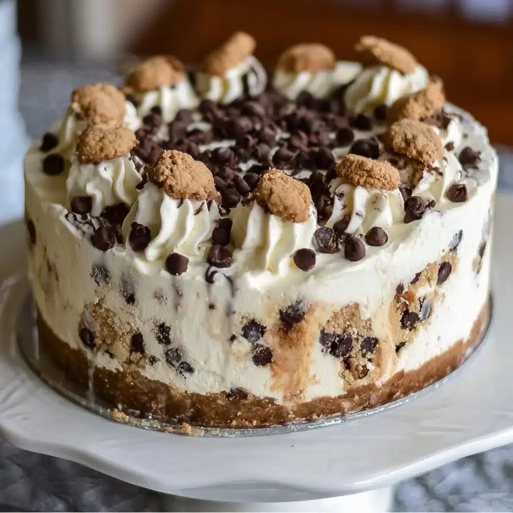 Chocolate chip cookie dough ice cream cake with layers of cookie dough and creamy ice cream.