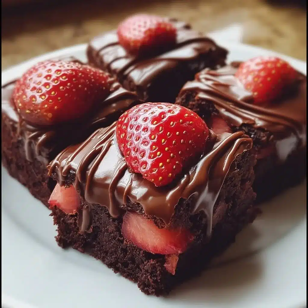 Delicious chocolate covered strawberry brownies topped with fresh strawberries.