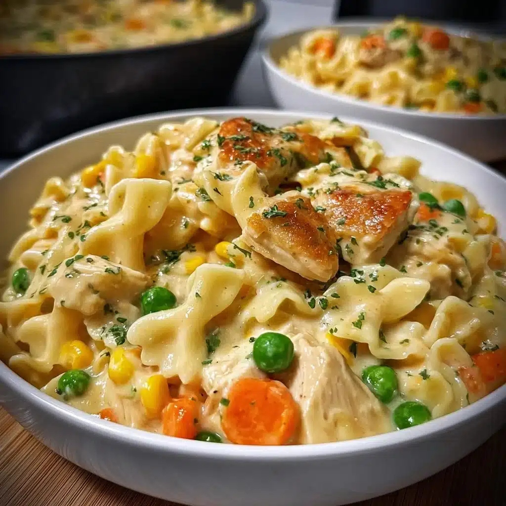 Delicious Classic Chicken Pot Pie Pasta served in a bowl with herbs