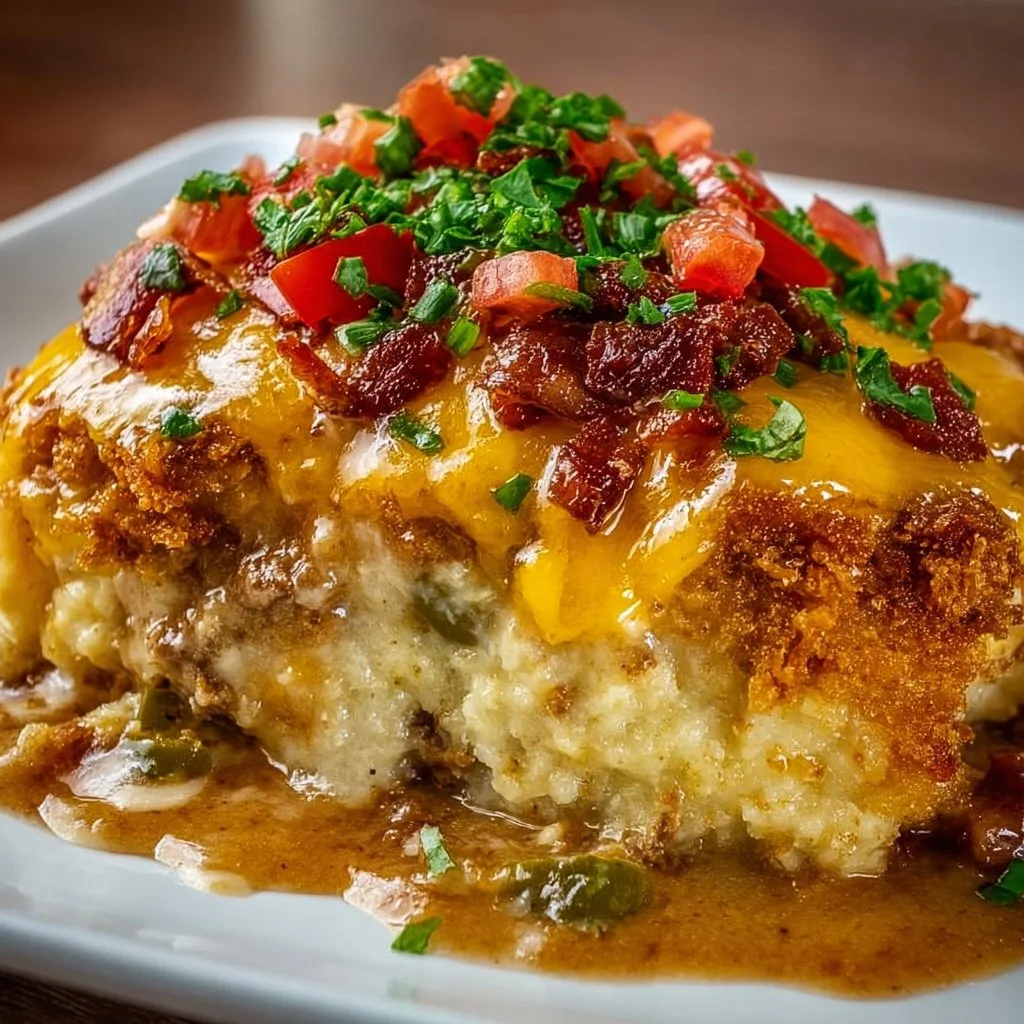 Delicious Cowboy Casserole served in a rustic dish with cheese and toppings
