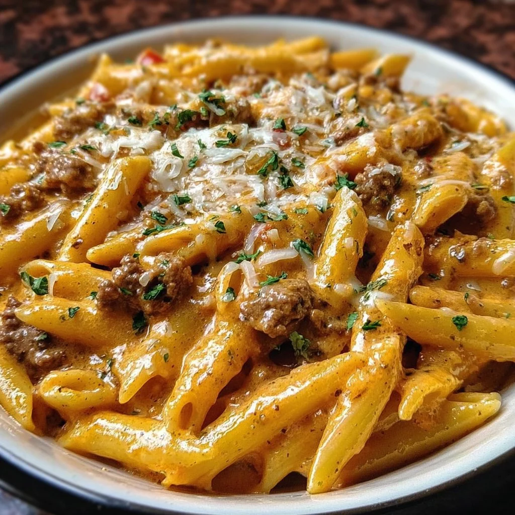 Creamy Beef Pasta 3 Creamy beef pasta dish with rich sauce and fresh herbs