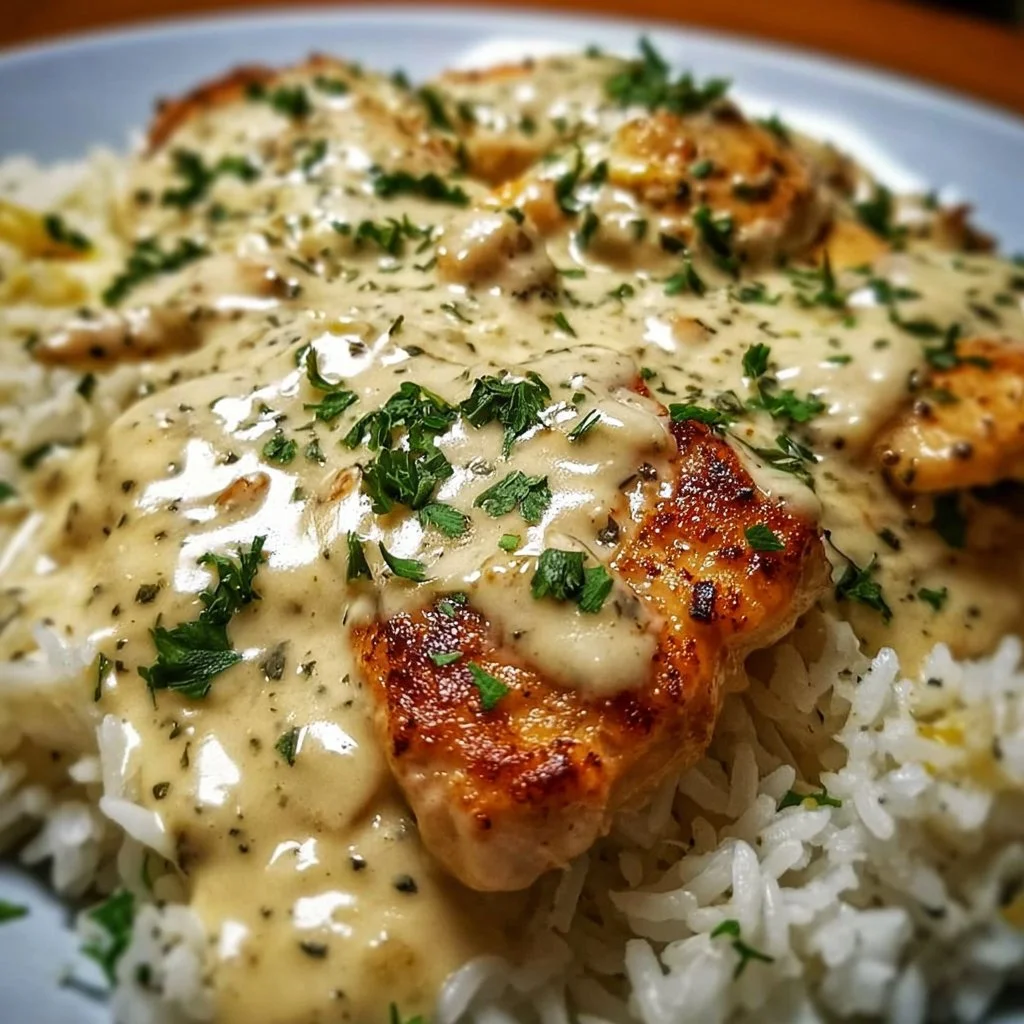 Delicious creamy smothered chicken served over rice, garnished with herbs.