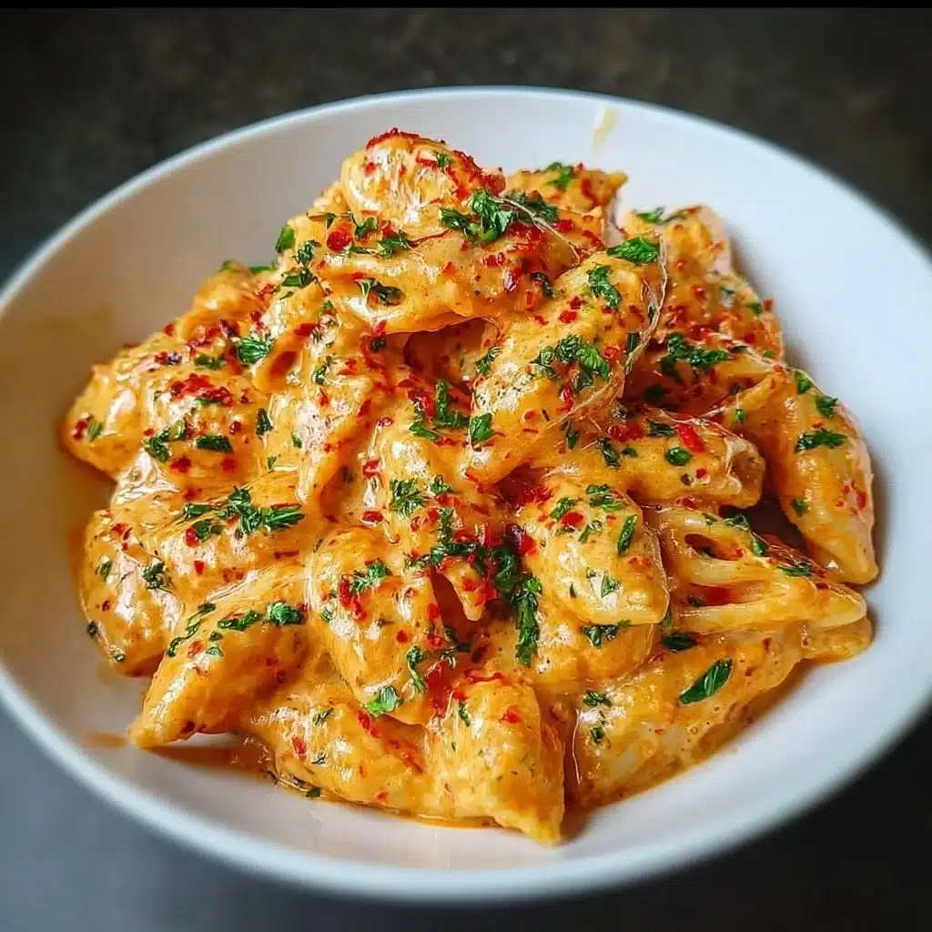 Creamy tomato garlic pasta in a bowl with fresh herbs and cheese on top.