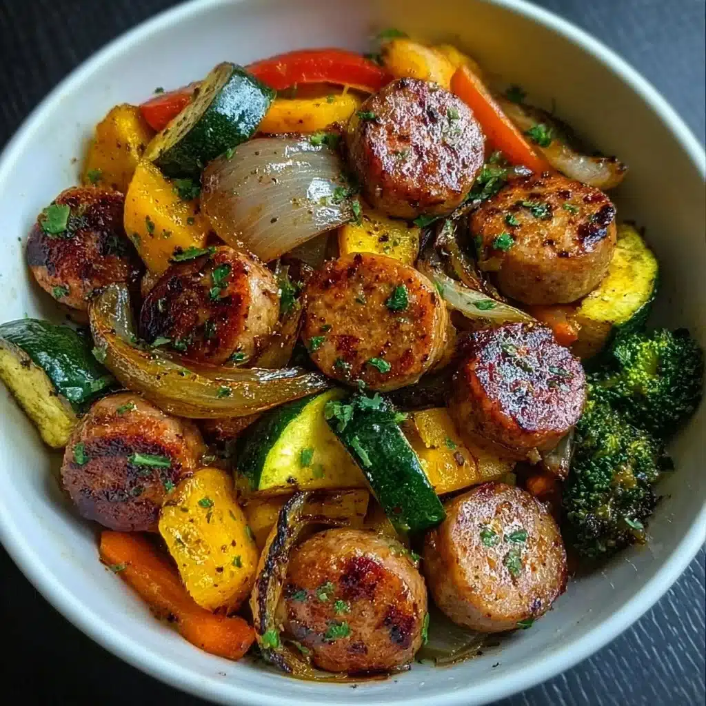 Colorful sausage veggie skillet bowl served in a dish