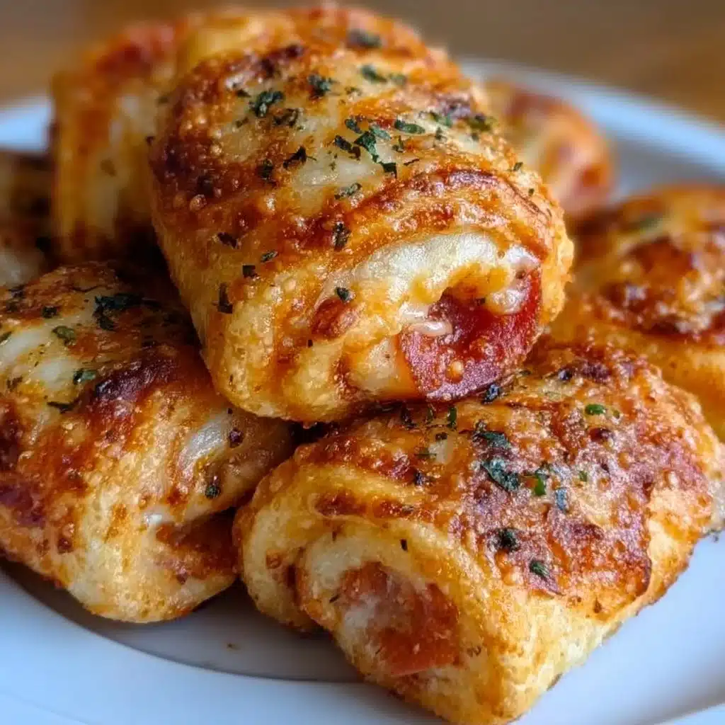 Crispy air fryer pizza rolls served with dipping sauce.