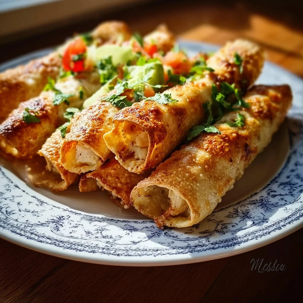 Delicious crispy chicken taquitos served with salsa and sour cream