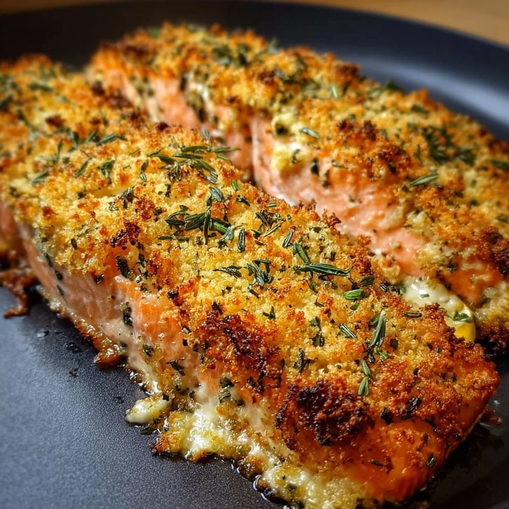 Crispy Parmesan Salmon Bake garnished with herbs on a plate