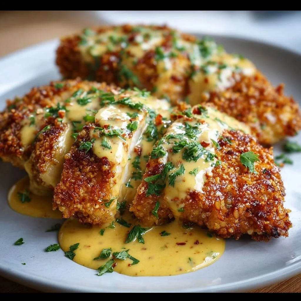Crispy Pretzel Crusted Chicken with Cheddar Mustard Sauce Recipe 3 Crispy pretzel crusted chicken served with cheddar mustard sauce