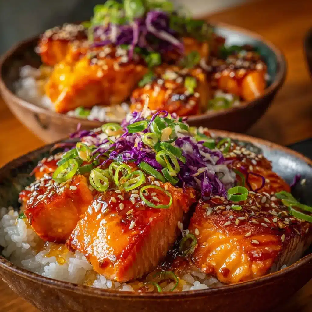 Crispy salmon rice bowl topped with colorful vegetables and sauce