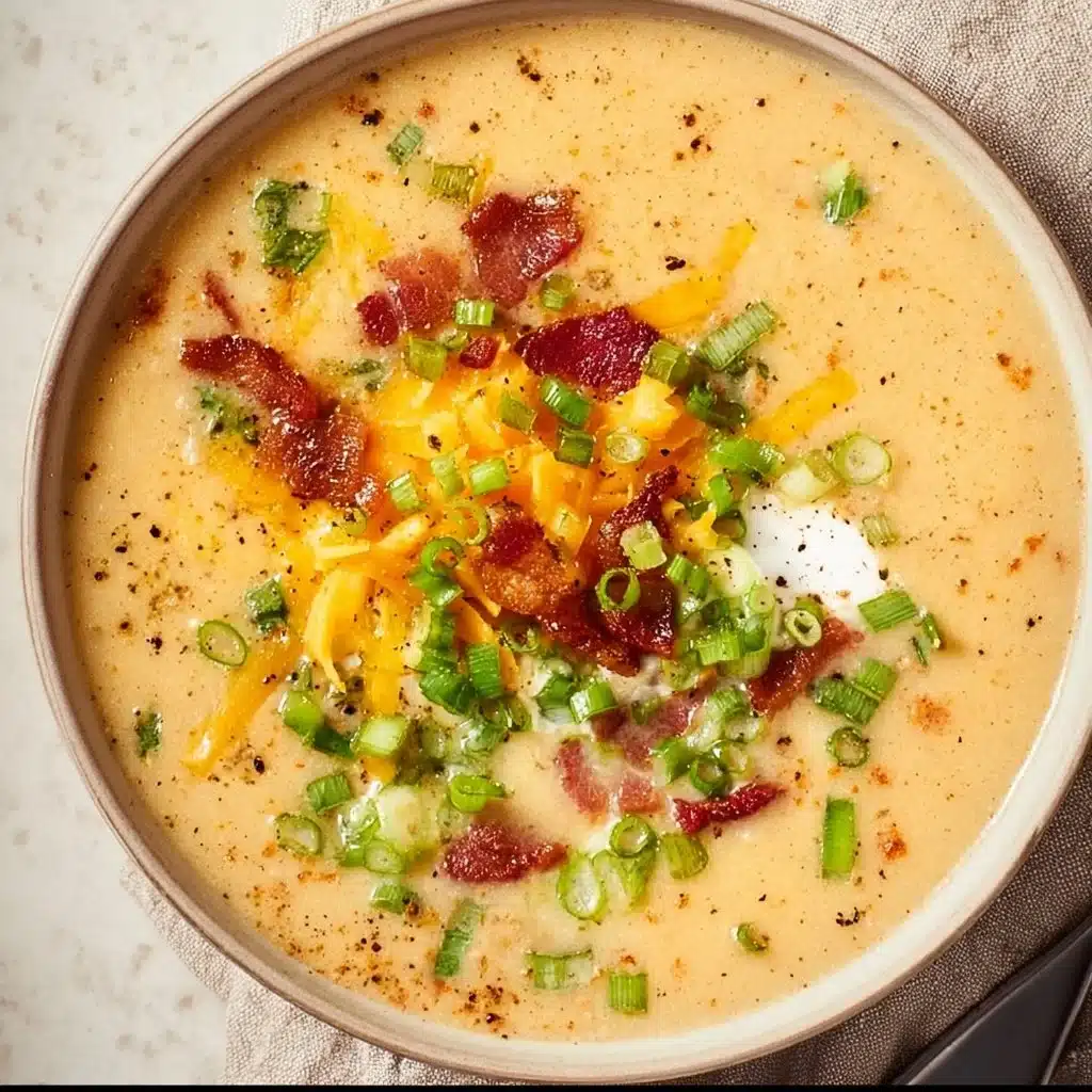 Crockpot potato soup garnished with chives and served in a bowl.