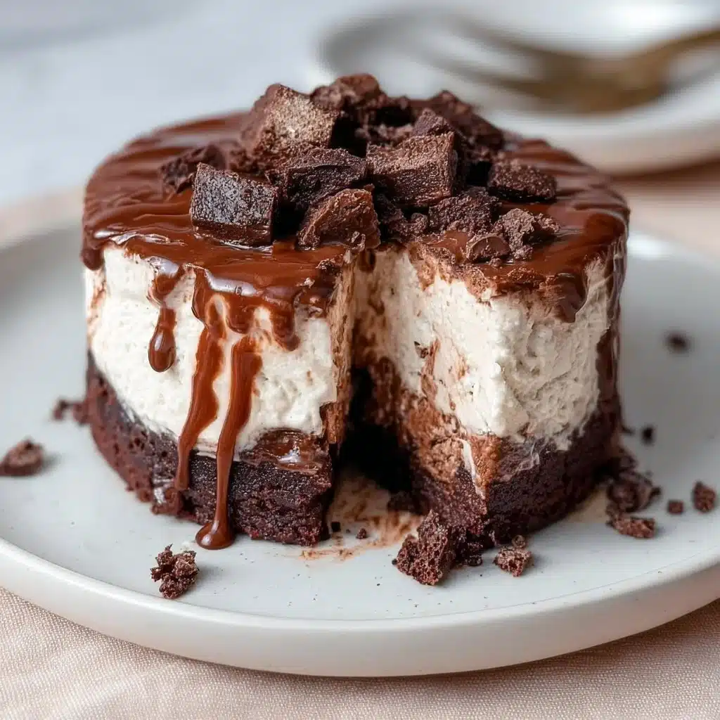 Delicious easy brownie ice cream cake with chocolate and ice cream layers