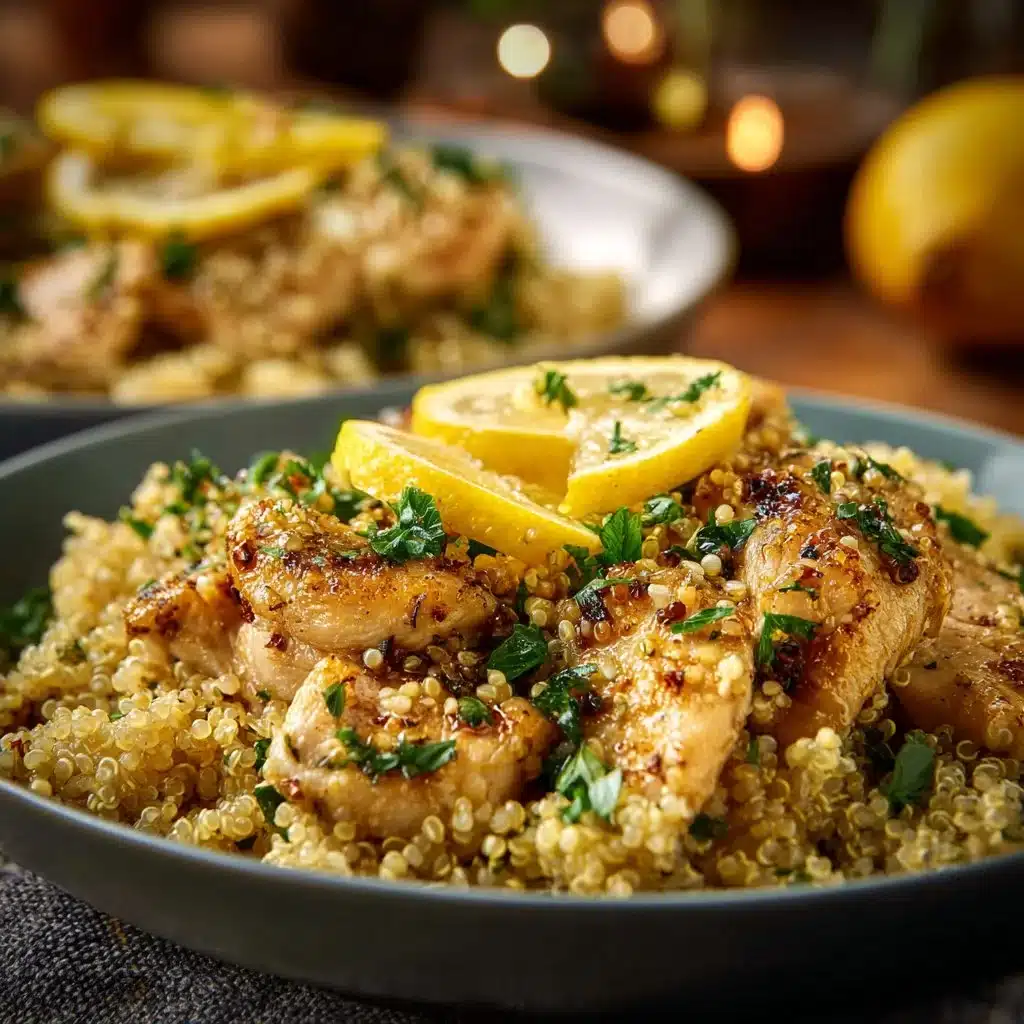 Delicious Garlic Lemon Chicken with quinoa garnished with herbs
