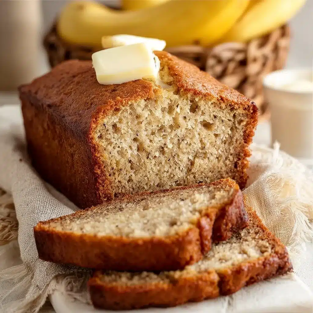Slice of easy moist banana bread on a wooden table