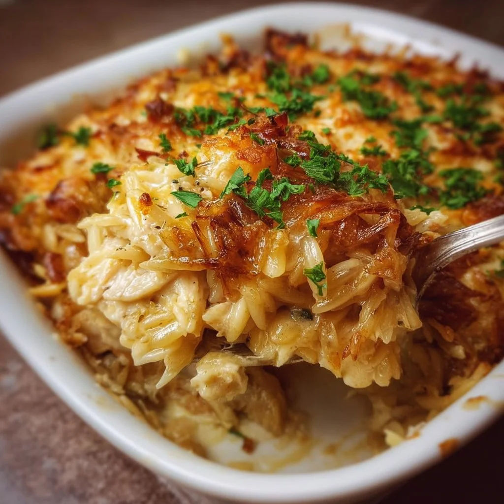 Delicious French Onion Chicken Orzo Casserole topped with melted cheese.