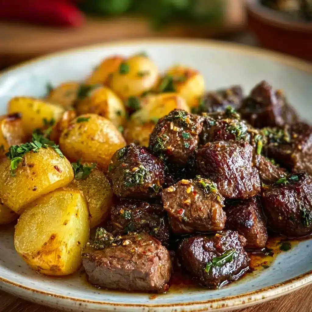 Garlic Butter Beef Bites with Potatoes 3 Delicious Garlic Butter Beef Bites served with golden roasted potatoes