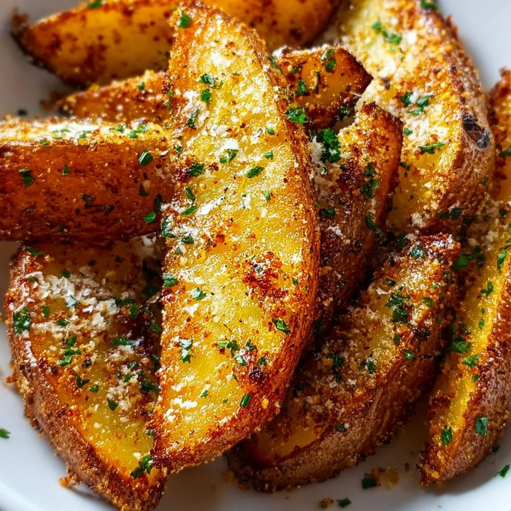 Delicious Garlic Parmesan Potato Wedges served on a plate.