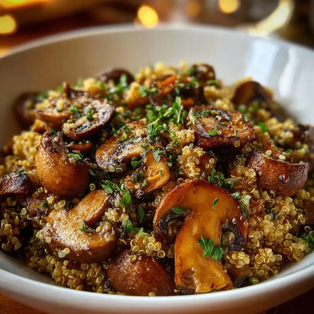 Delicious Garlicky Mushroom Quinoa bowl with fresh herbs and garlic.