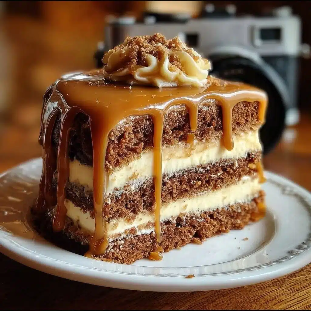 Gooey coffee caramel cake with rich layers and glossy caramel topping