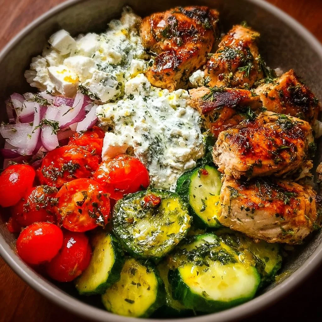 Delicious Greek Chicken Bowl with fresh vegetables and tzatziki sauce
