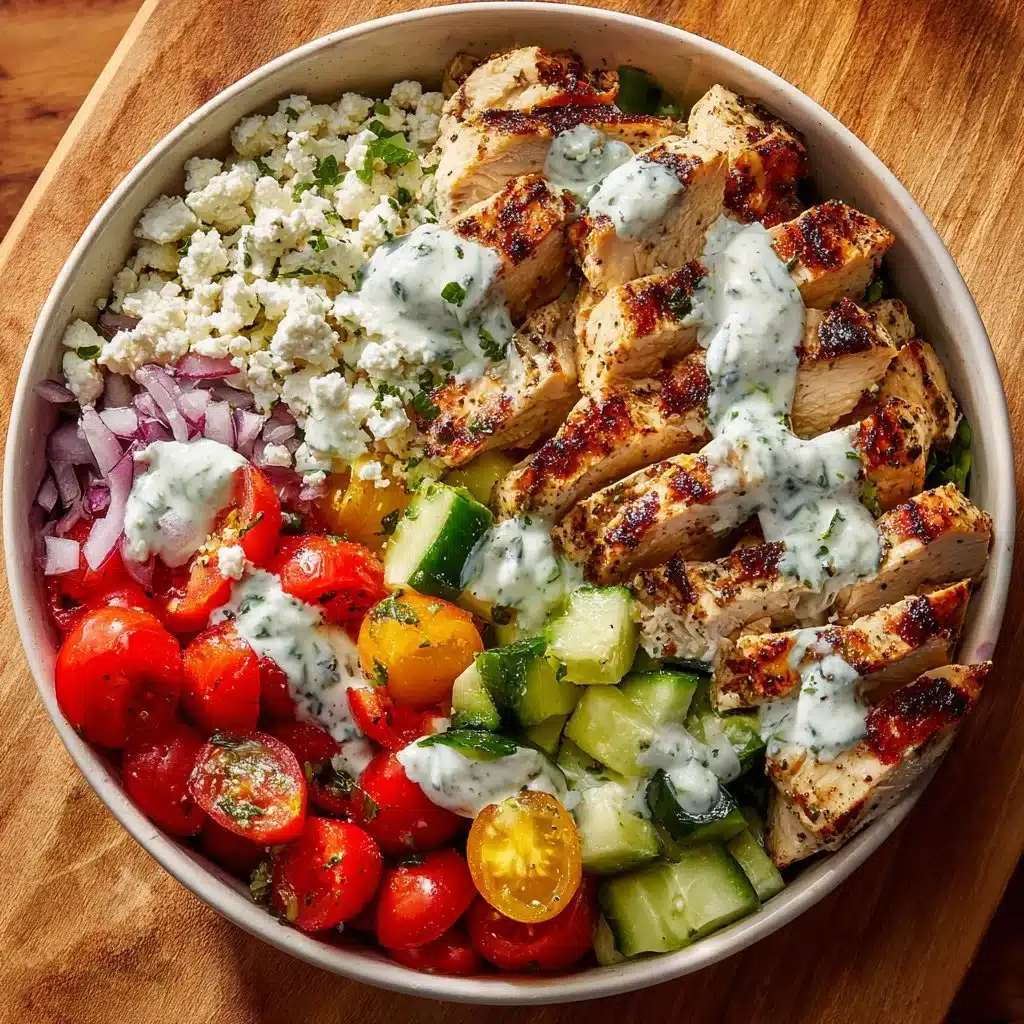Healthy Greek Chicken Bowls with fresh vegetables and zesty dressings