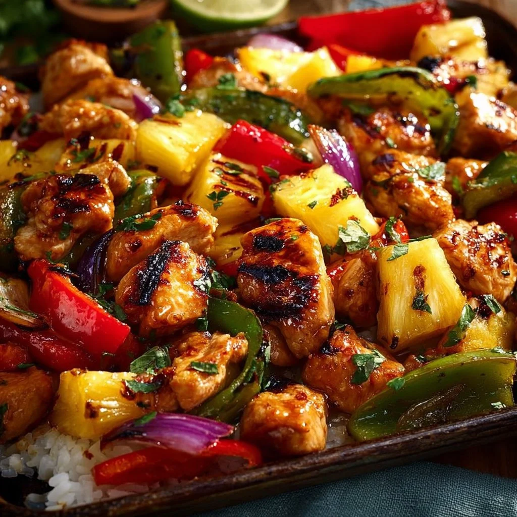 Hawaiian Chicken Sheet Pan 3 Hawaiian chicken sheet pan recipe with colorful vegetables and pineapple