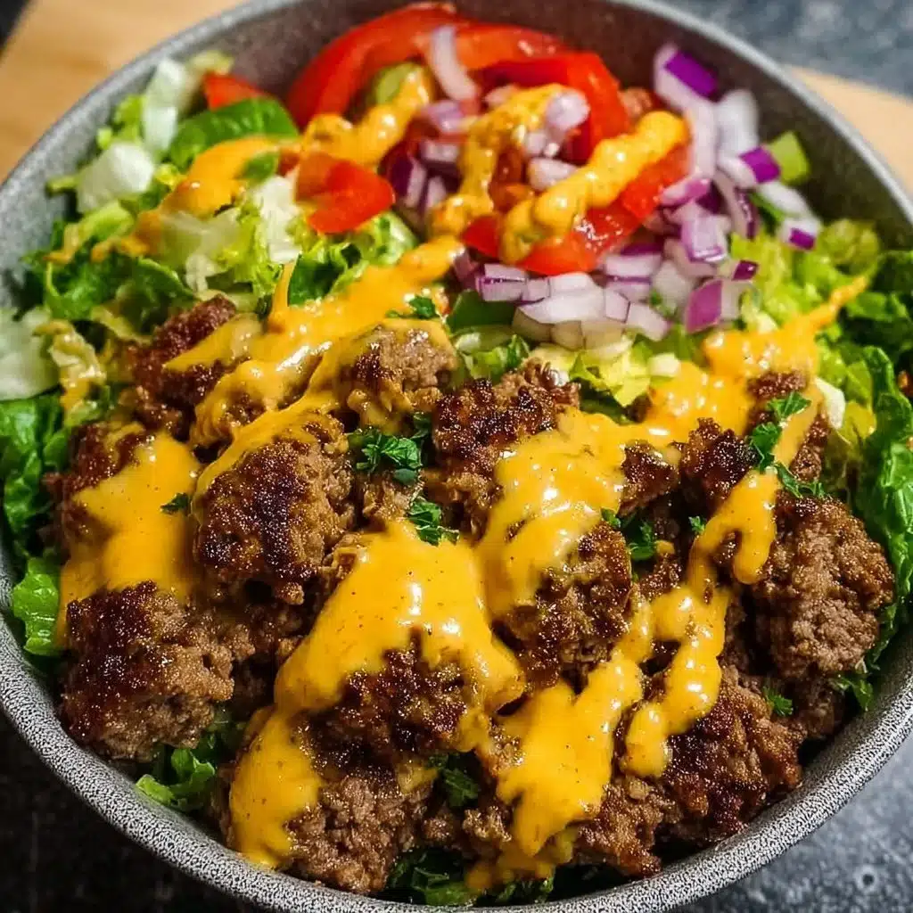 High-protein cheeseburger bowls with ground beef and burger sauce served in a bowl