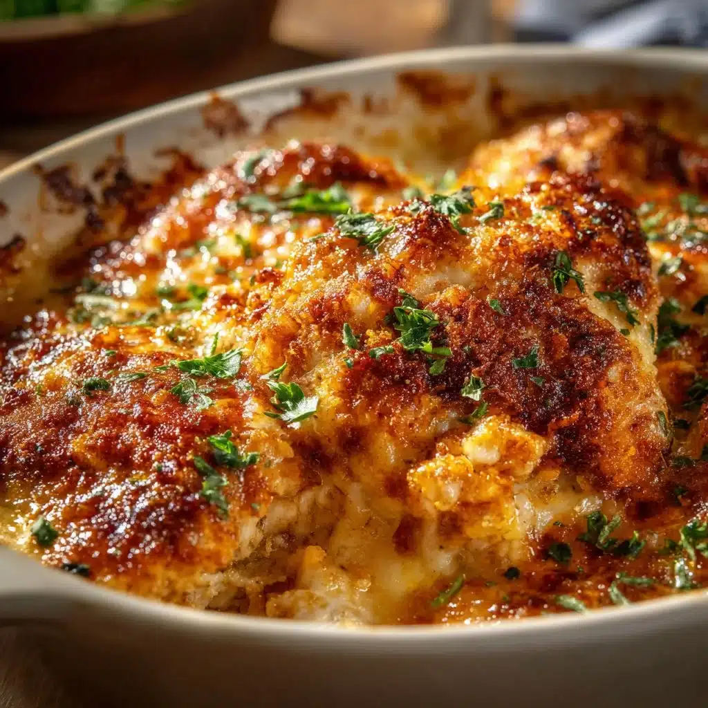 Delicious high protein chicken parmesan casserole topped with melted cheese