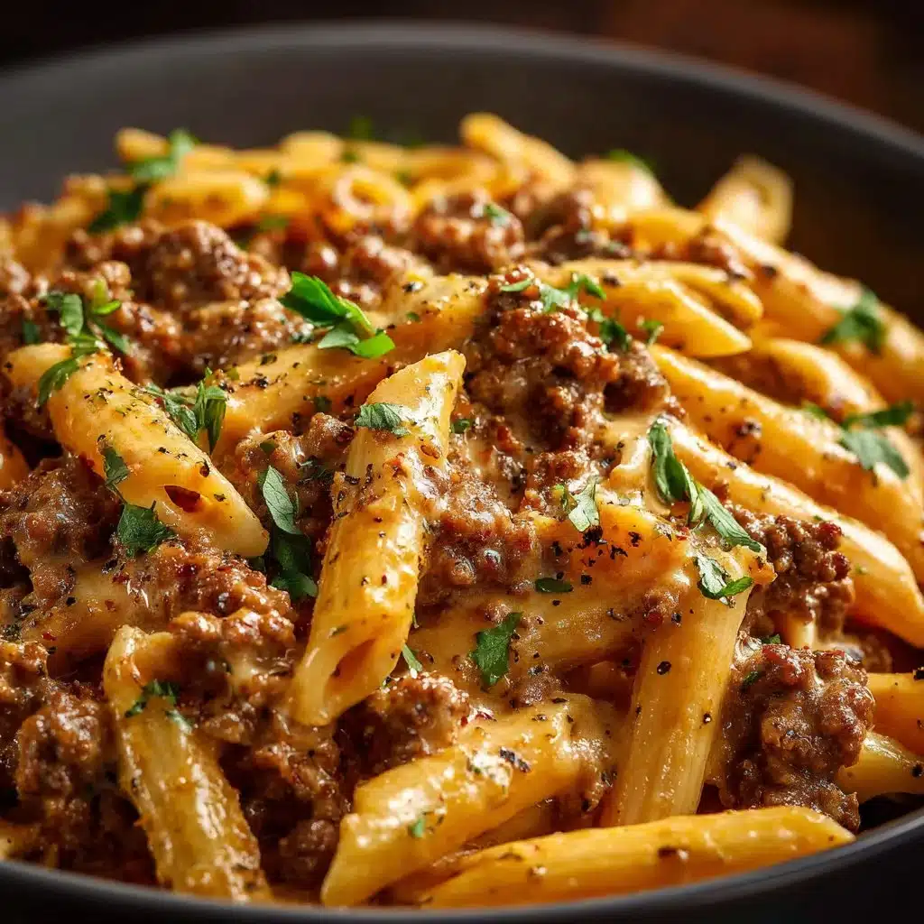 Creamy beef pasta served in a bowl with fresh herbs and cheese.