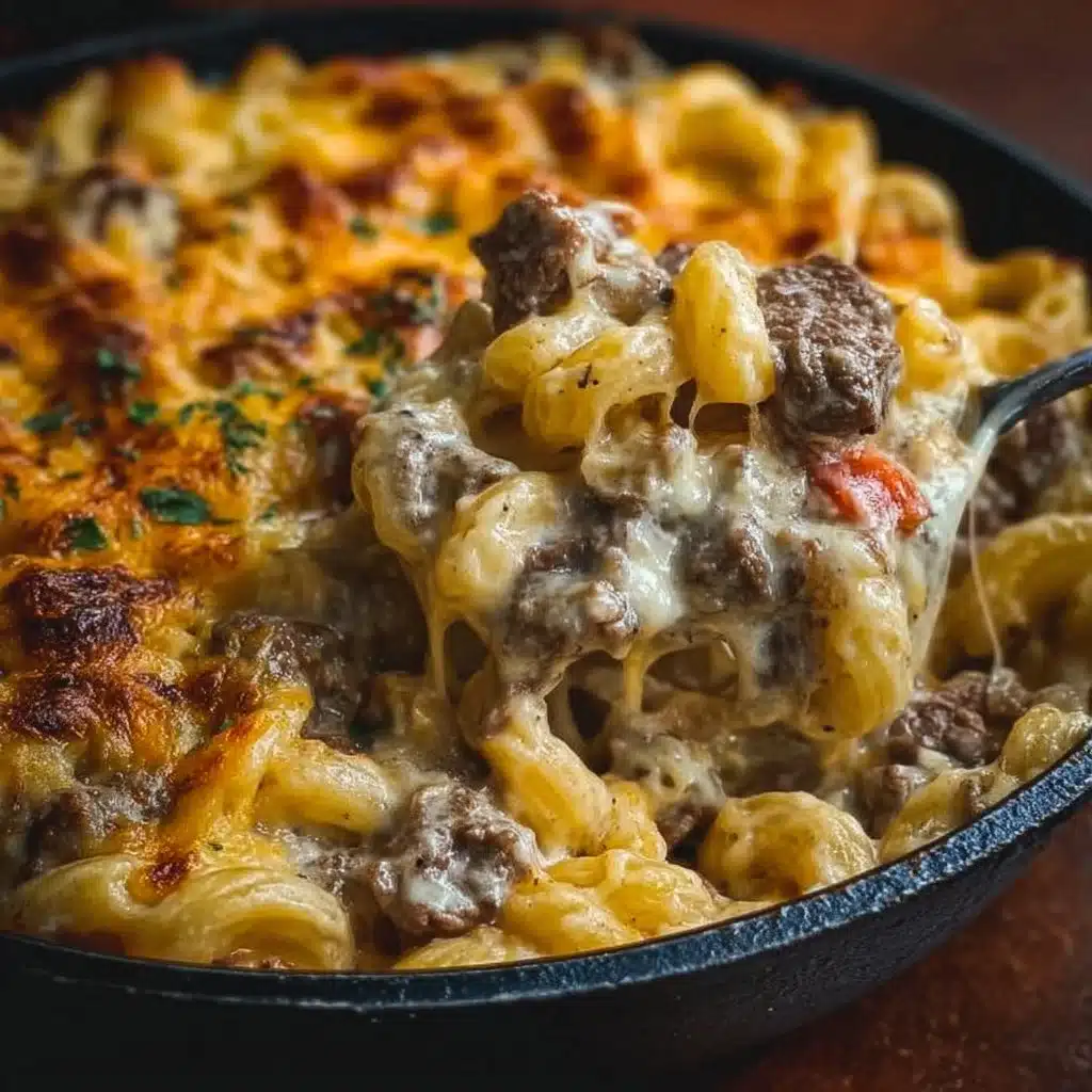 High-Protein Creamy Philly Cheesesteak Mac & Cheese Bliss 3 Creamy high-protein Philly cheesesteak mac and cheese in a serving dish