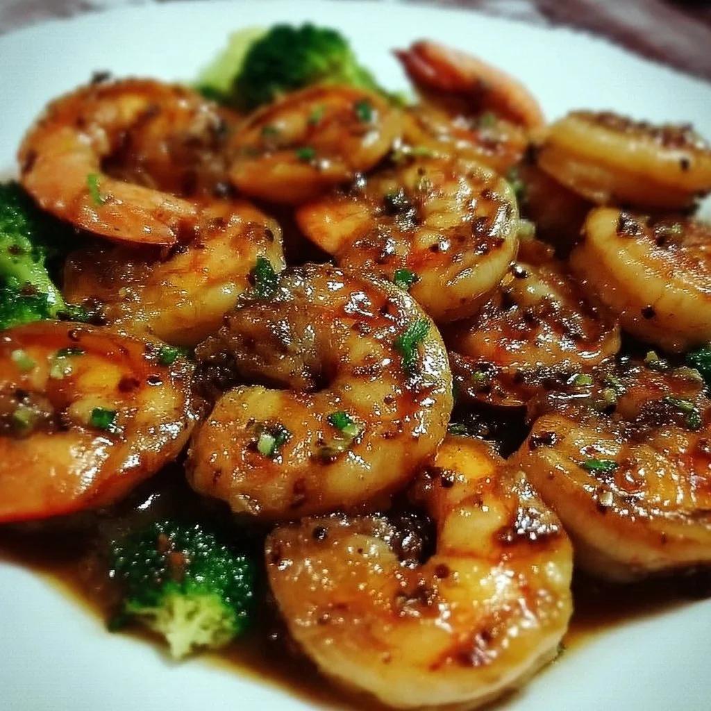 High-protein honey garlic shrimp served on a plate with vegetables