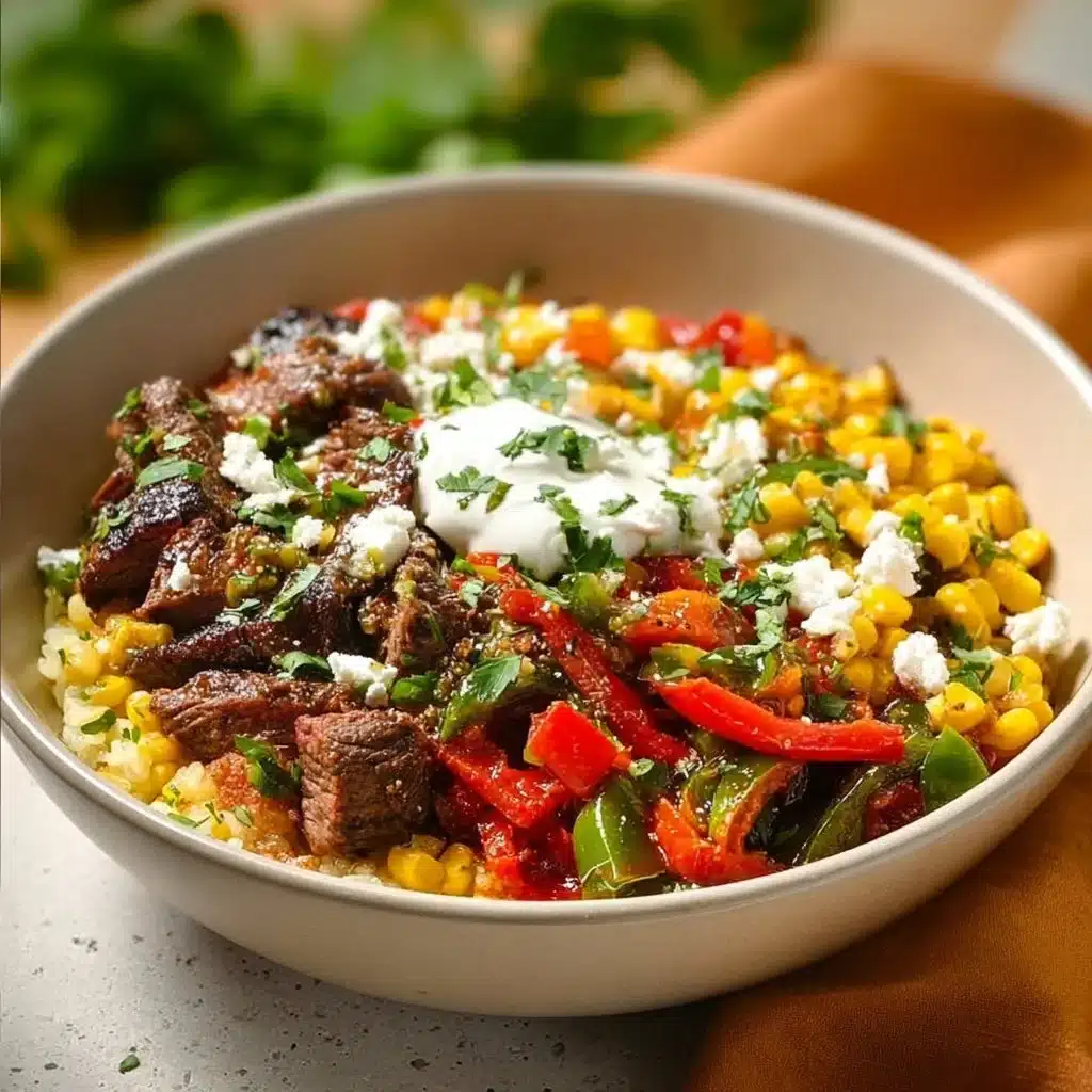 High Protein Steak Fajita Bowl 3 High protein steak fajita bowl with colorful vegetables and toppings