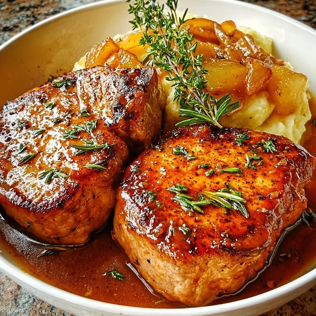 Homemade apple butter pork chops served with vegetables and garnished.