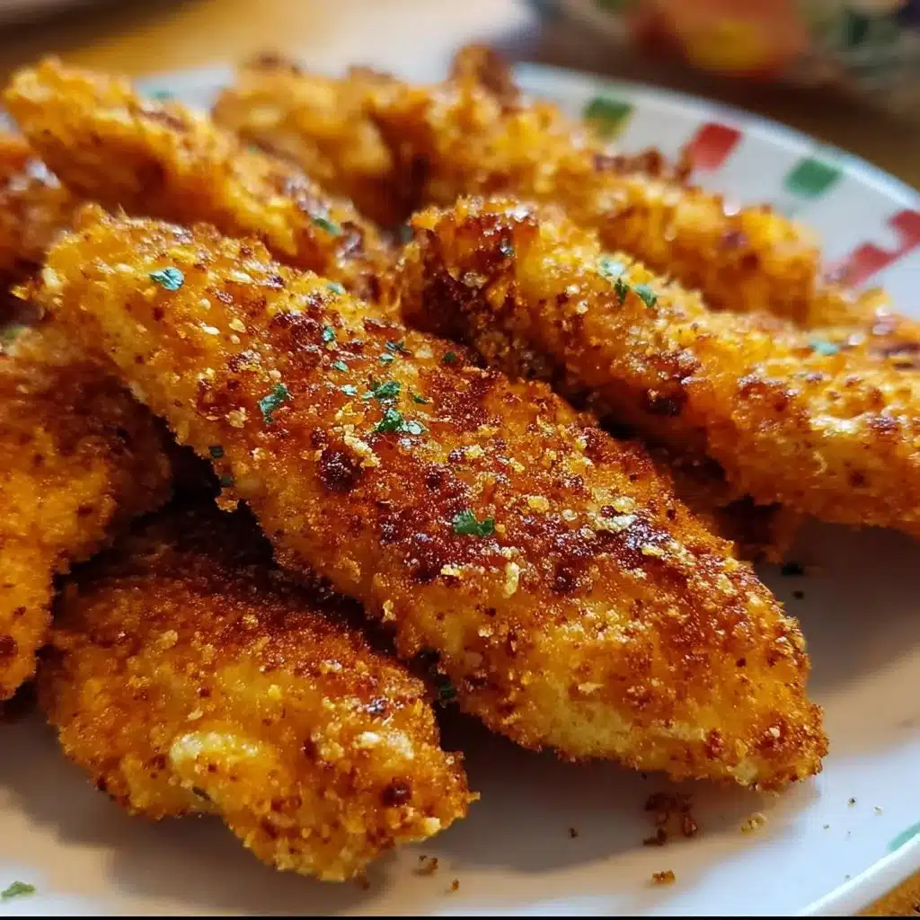 Plate of homemade baked chicken tenders with crispy coating and fresh herbs