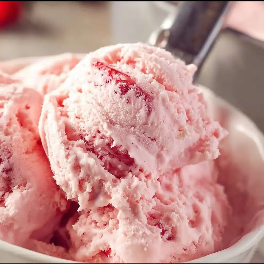 Delicious homemade strawberry ice cream in a bowl topped with fresh strawberries