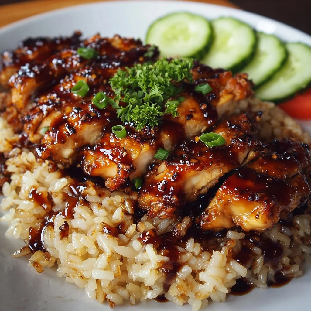 Delicious honey BBQ chicken served over fluffy rice
