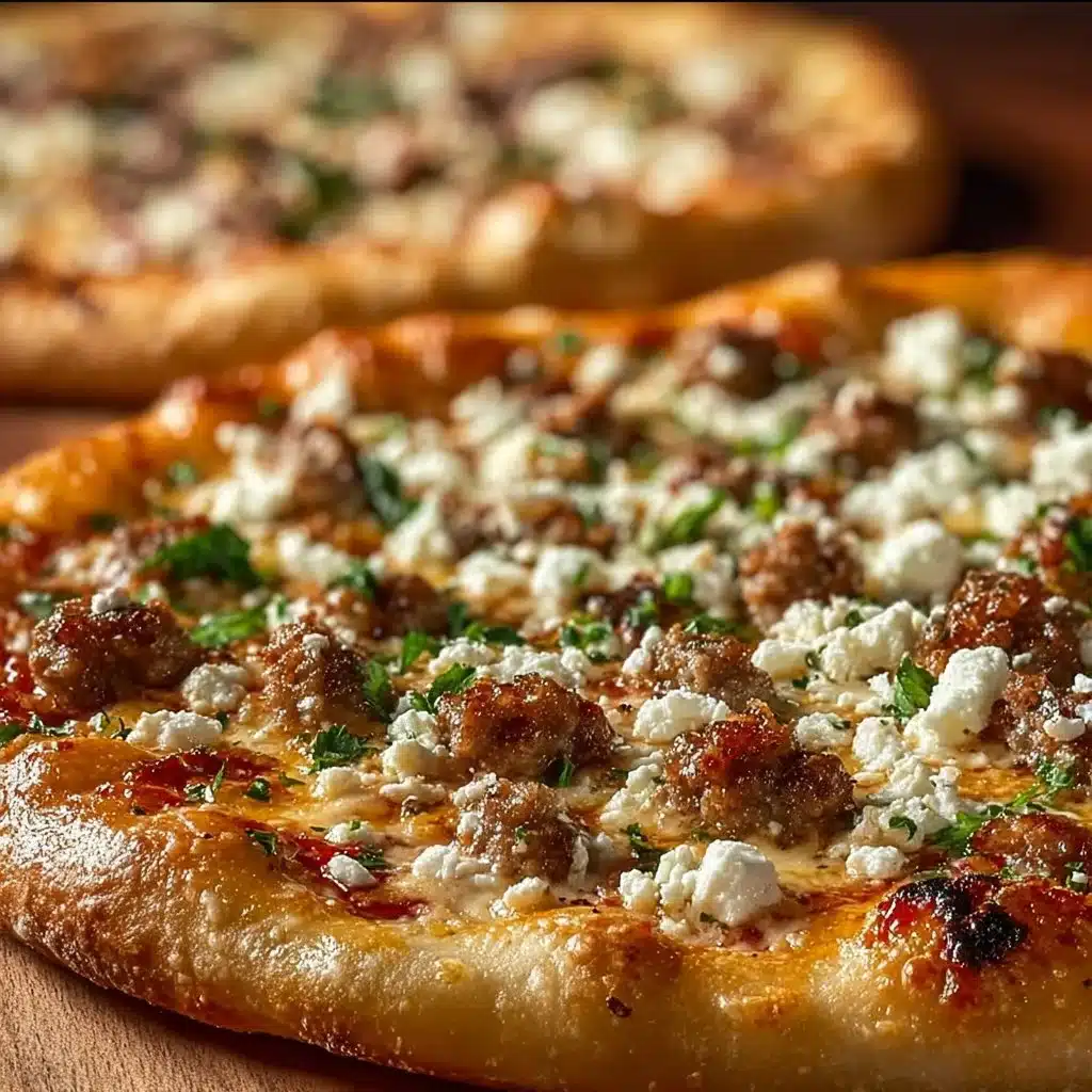 Delicious Hot Sausage Feta Honey Pizza with spicy sausage and honey drizzle